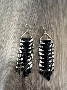 Ink Alloy Black and cream white Beaded Fringe Earrings - Women Jewelry